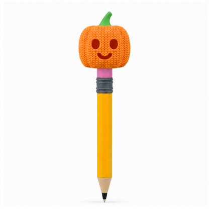 Knitted Halloween Pumpkin Jack-O-Lantern Topkinz character on jumbo pencil front view
