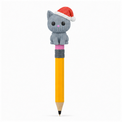 Knitted Cat with Santa Hat Christmas Topkinz character on jumbo pencil front view