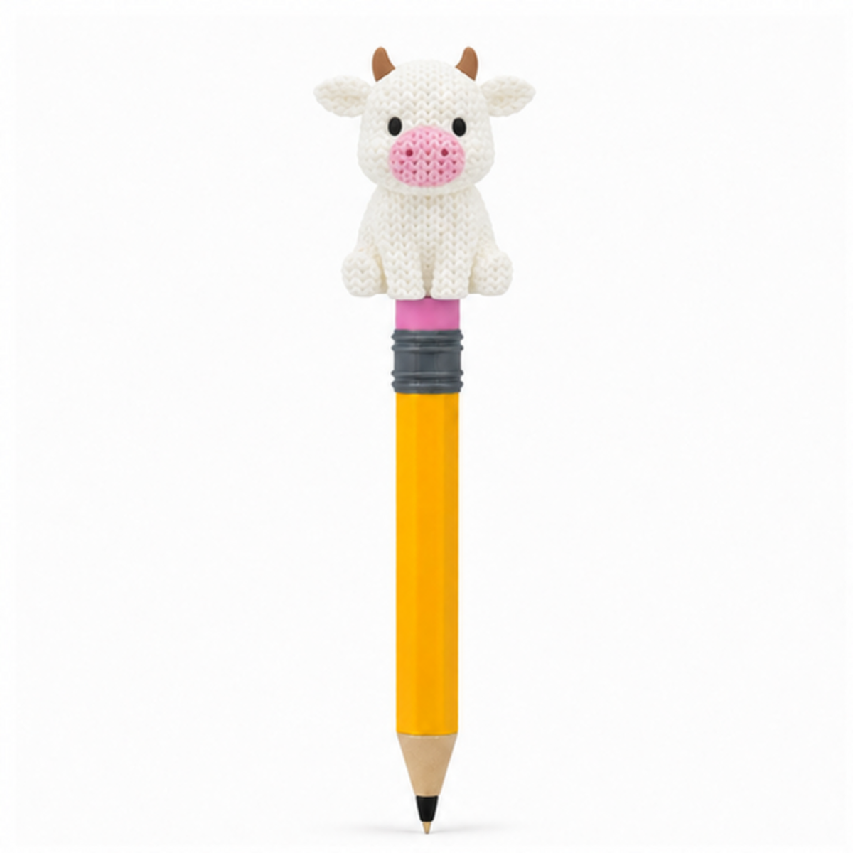 Knitted Cow Topkinz character on jumbo pencil front view