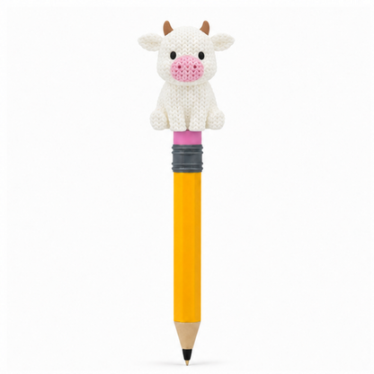 Knitted Cow Topkinz character on jumbo pencil front view
