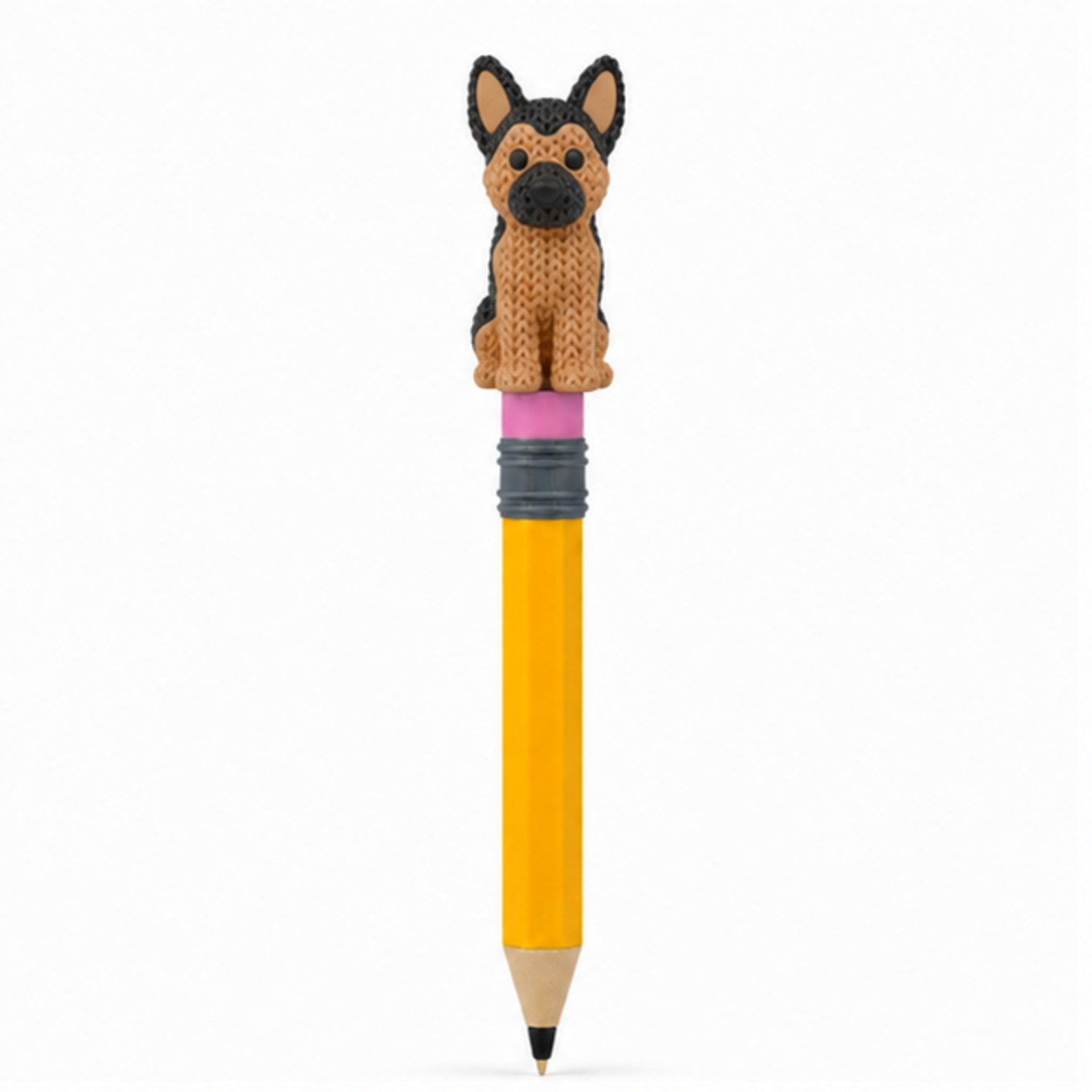 Knitted German Shepherd Dog Topkinz character on jumbo pencil front view