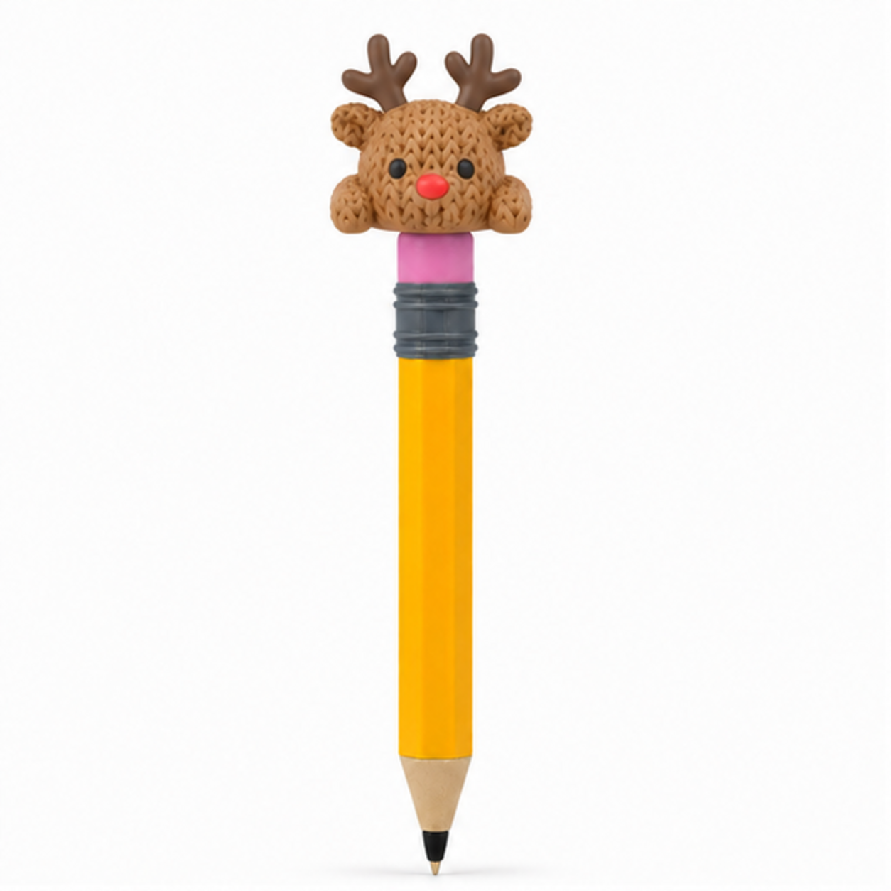 Knitted Flexi Reindeer Christmas Topkinz character on jumbo pencil front view