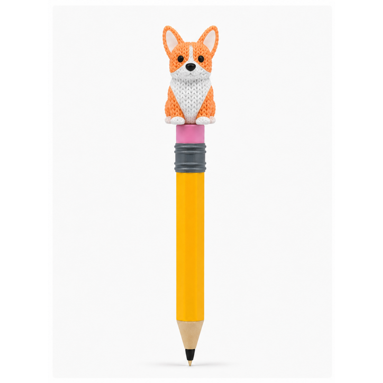 Knitted Corgi Dog Topkinz character on jumbo pencil front view