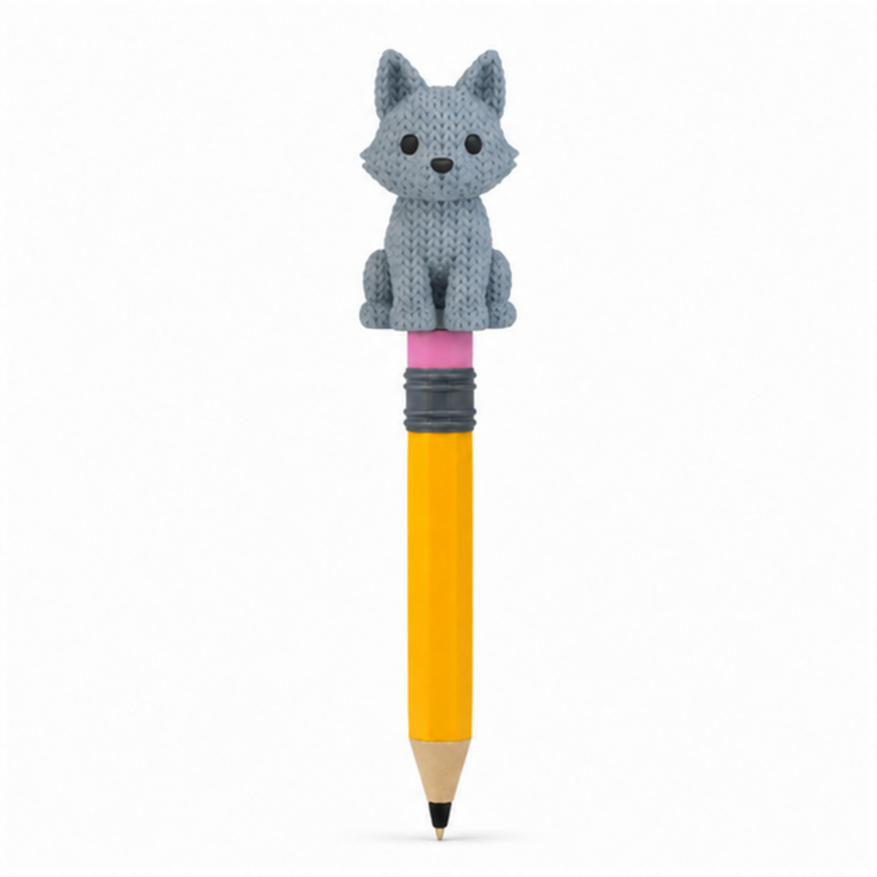 Knitted Wolf Topkinz character on jumbo pencil front view