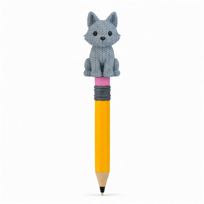 Knitted Wolf Topkinz character on jumbo pencil front view