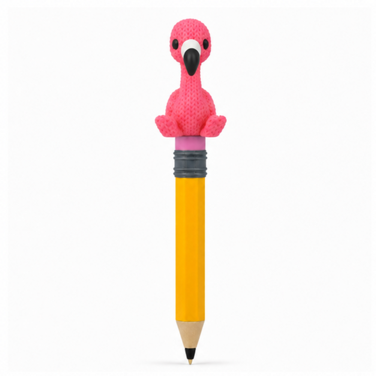 Knitted Flamingo Topkinz character on jumbo pencil front view
