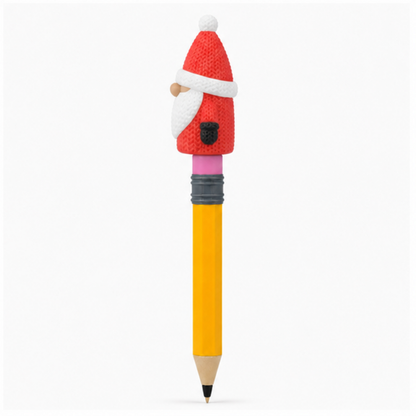 Knitted Christmas Gnome Topkinz character on jumbo pencil side view