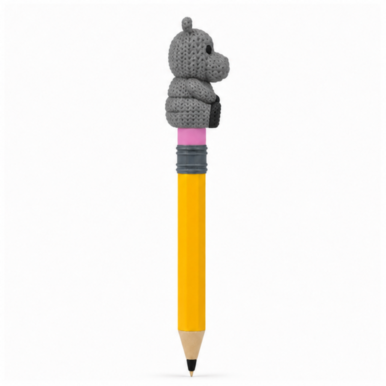 Knitted Articulated Hippo Topkinz character on jumbo pencil side view