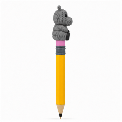 Knitted Articulated Hippo Topkinz character on jumbo pencil side view