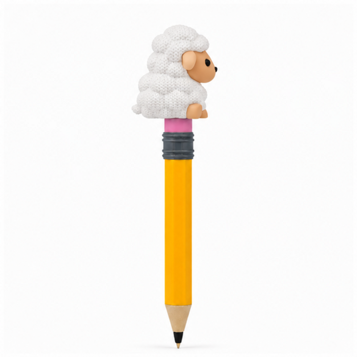 Knitted Sheep Topkinz character on jumbo pencil side view