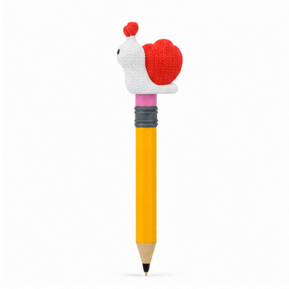 Knitted Valentine's Day Snail Topkinz character on jumbo pencil side view