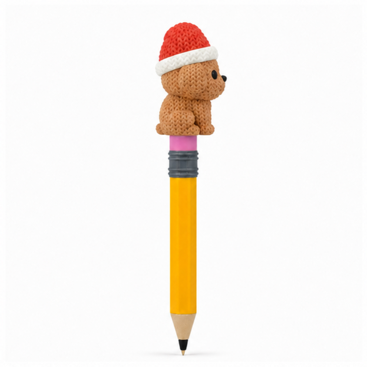 Knitted Dog with Santa Hat Christmas Topkinz character on jumbo pencil side view