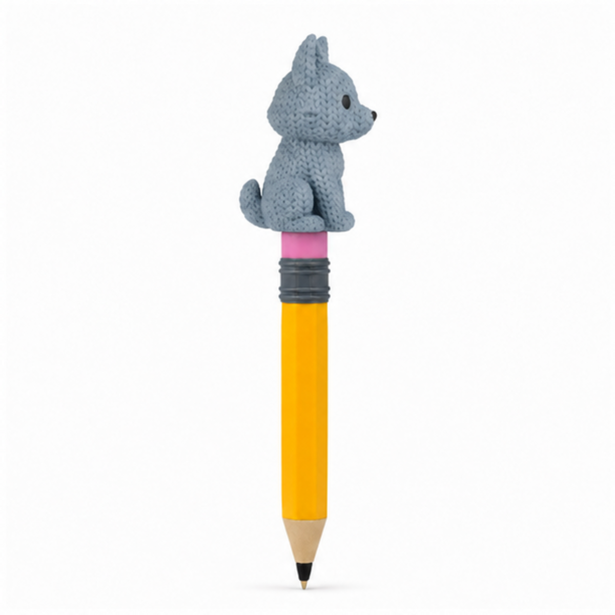 Knitted Wolf Topkinz character on jumbo pencil side view