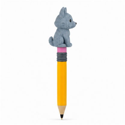 Knitted Wolf Topkinz character on jumbo pencil side view