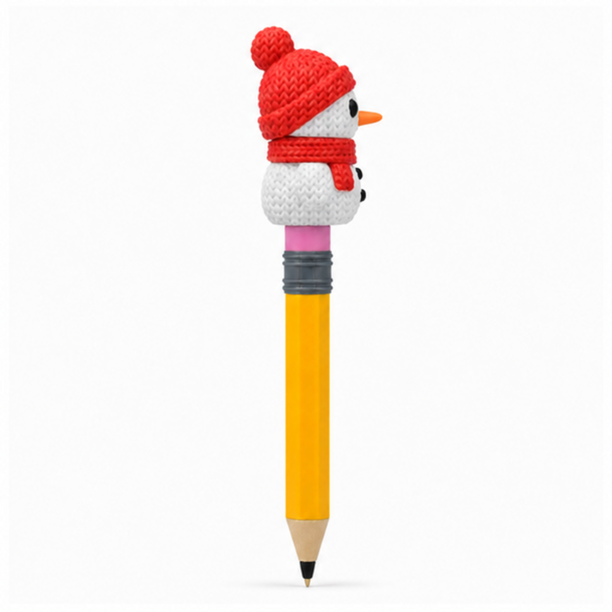 Knitted Snowman Christmas Topkinz character on jumbo pencil side view