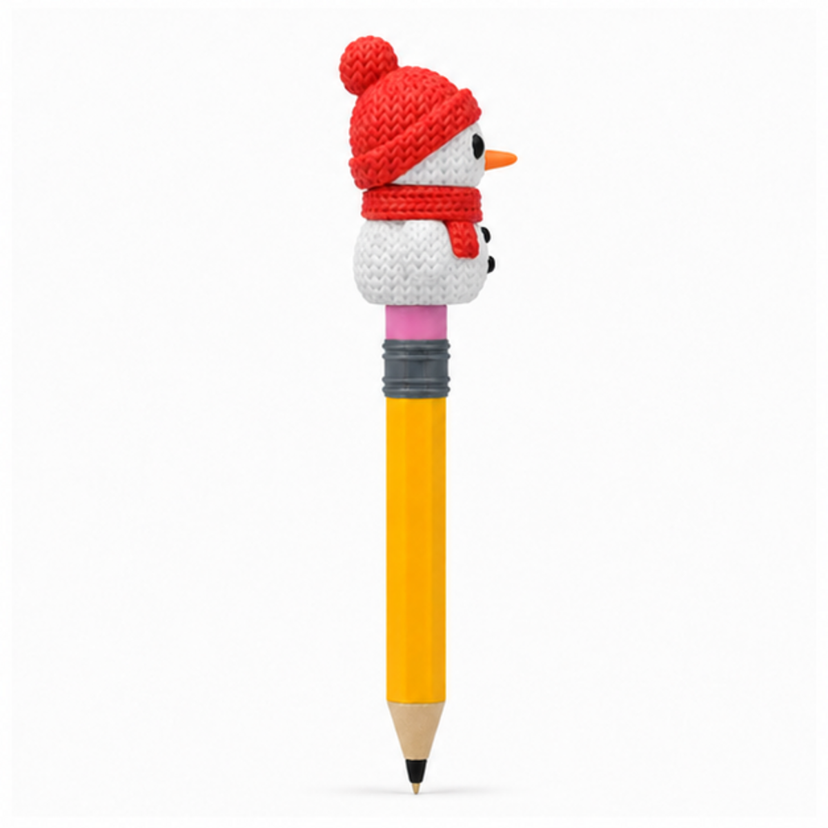 Knitted Snowman Christmas Topkinz character on jumbo pencil side view