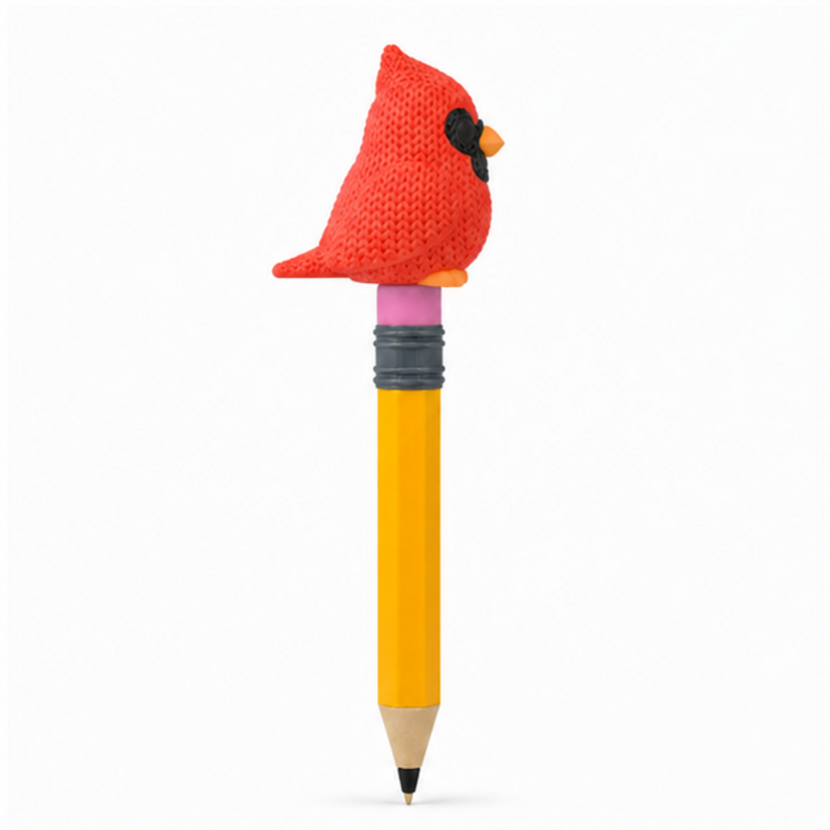 Knitted Cardinal Bird Topkinz character on jumbo pencil side view