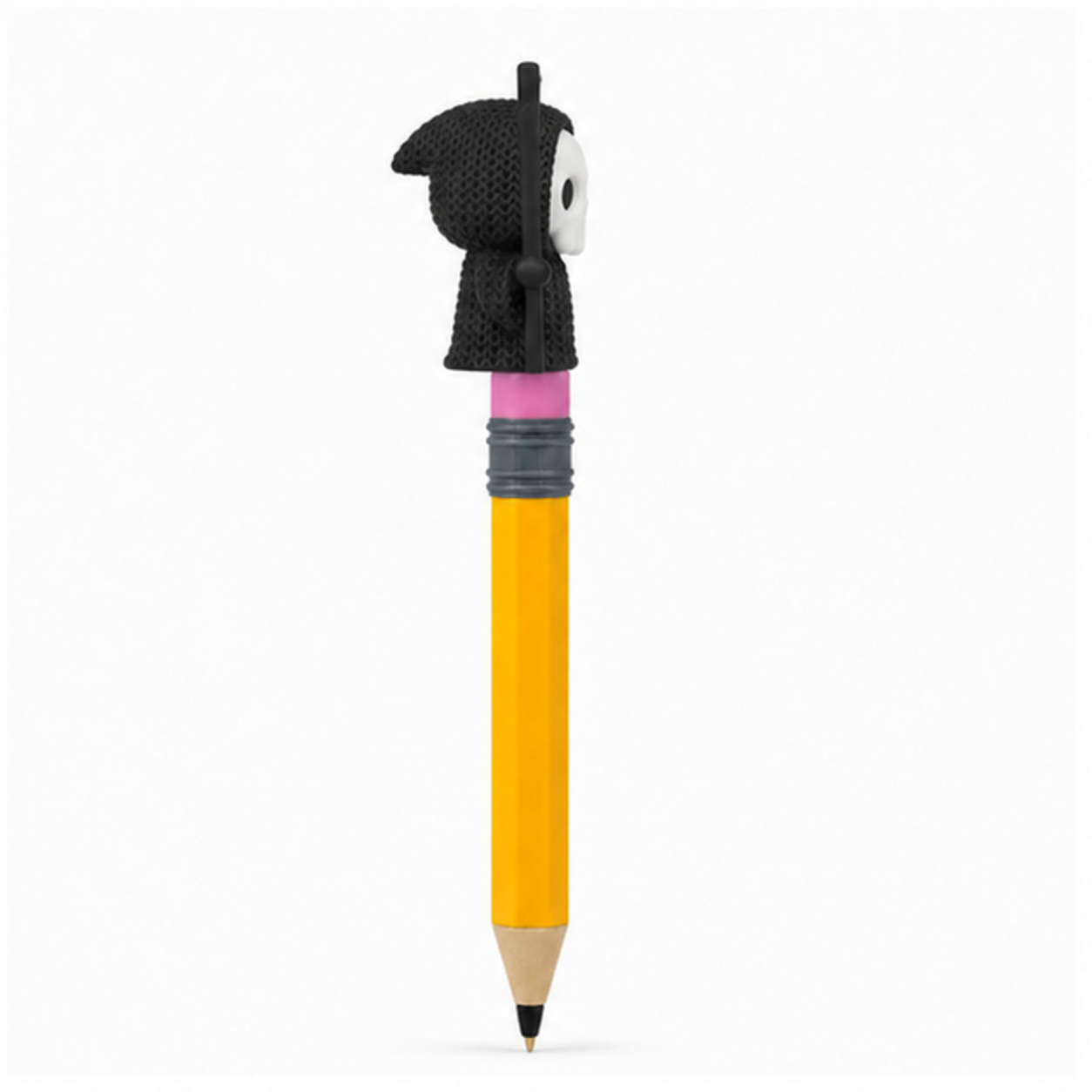 Knitted Halloween Grim Reaper Topkinz character on jumbo pencil side view