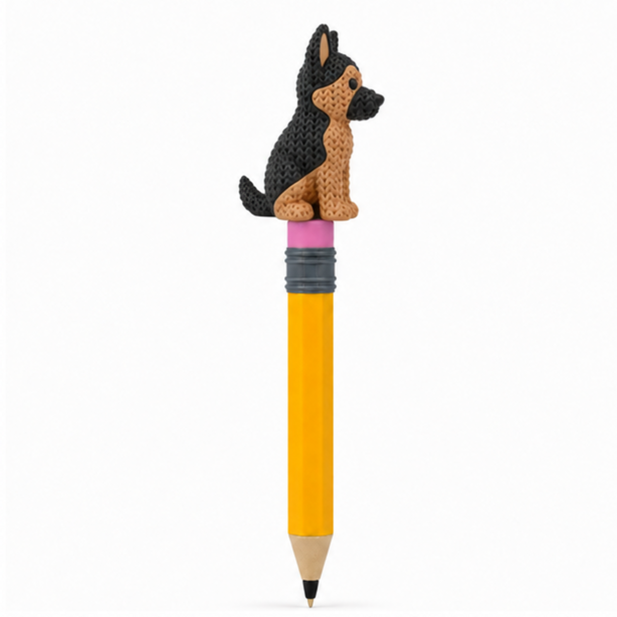 Knitted German Shepherd Dog Topkinz character on jumbo pencil side view