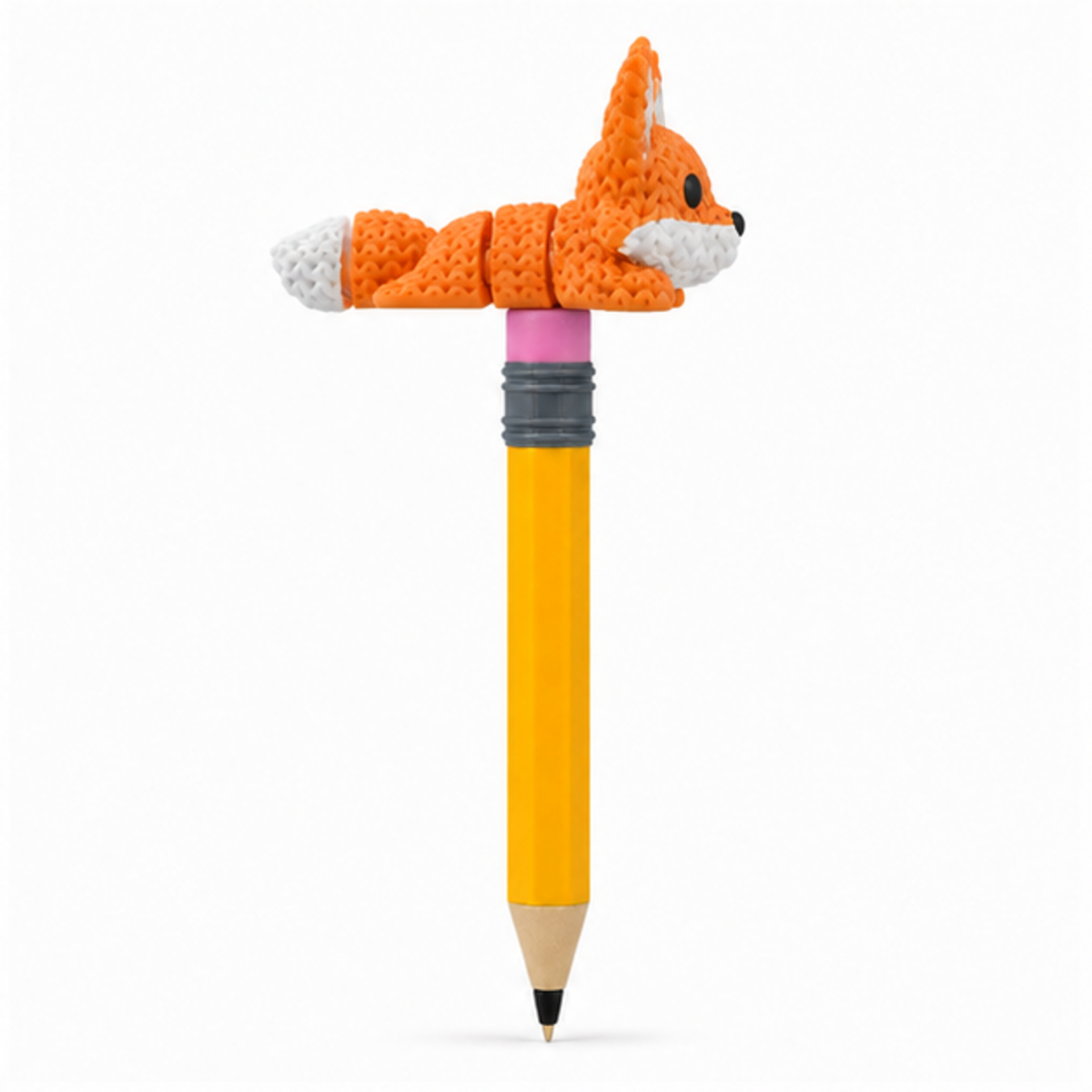 Knitted Articulated Fox Topkinz character on jumbo pencil side view