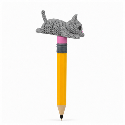 Knitted Articulated Cat Topkinz character on jumbo pencil side view