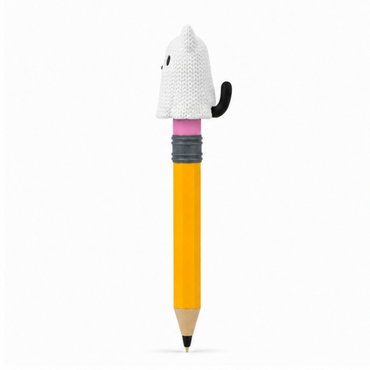 Knitted Halloween Cat Ghost Topkinz character on jumbo pencil side view
