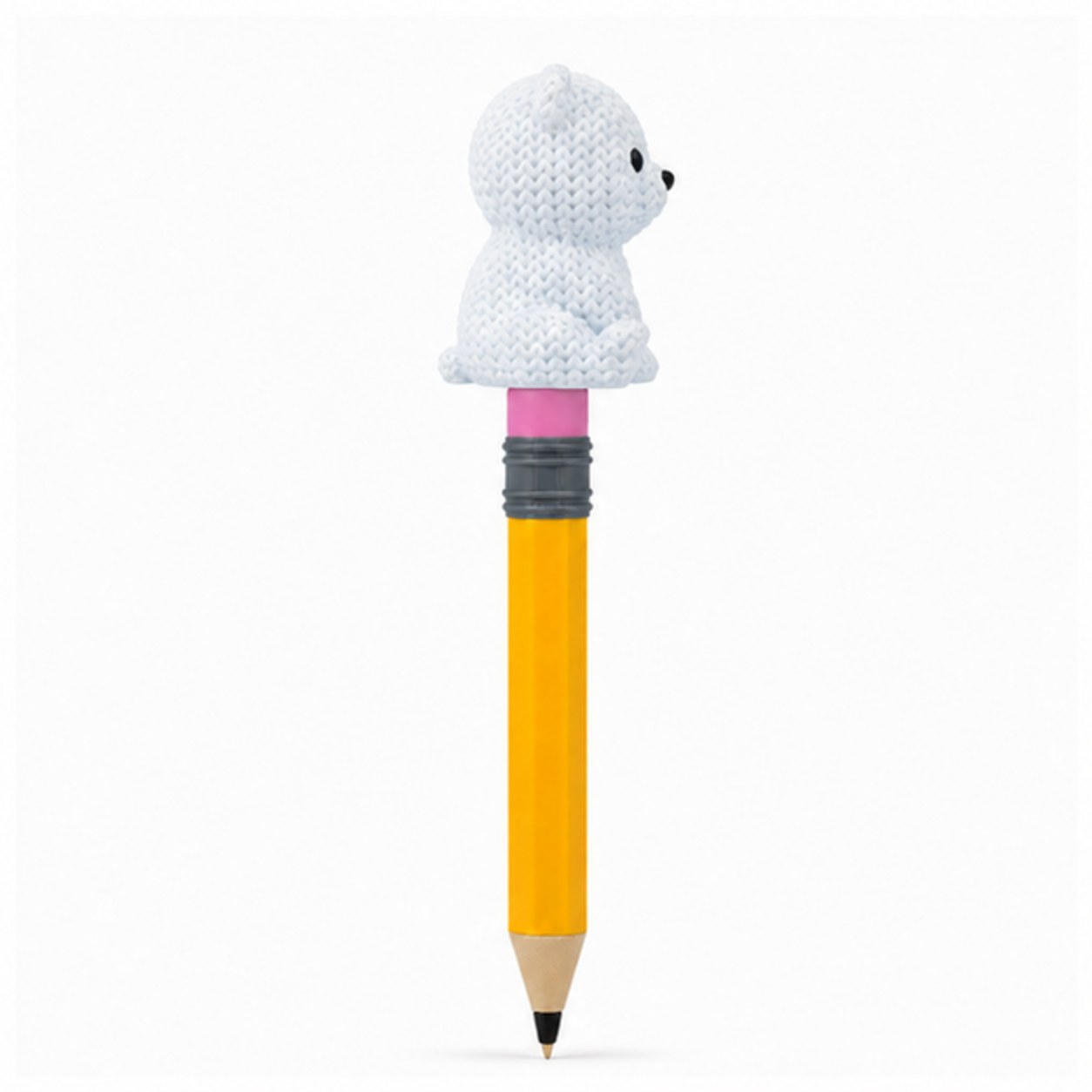 Knitted Baby Polar Bear Topkinz character on jumbo pencil side view