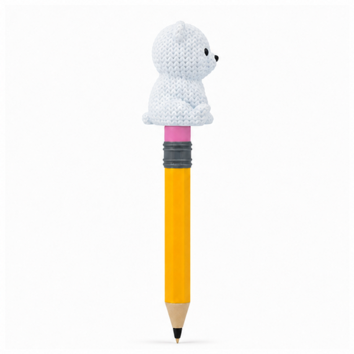 Knitted Baby Polar Bear Topkinz character on jumbo pencil side view