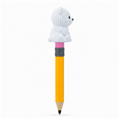 Knitted Baby Polar Bear Topkinz character on jumbo pencil side view