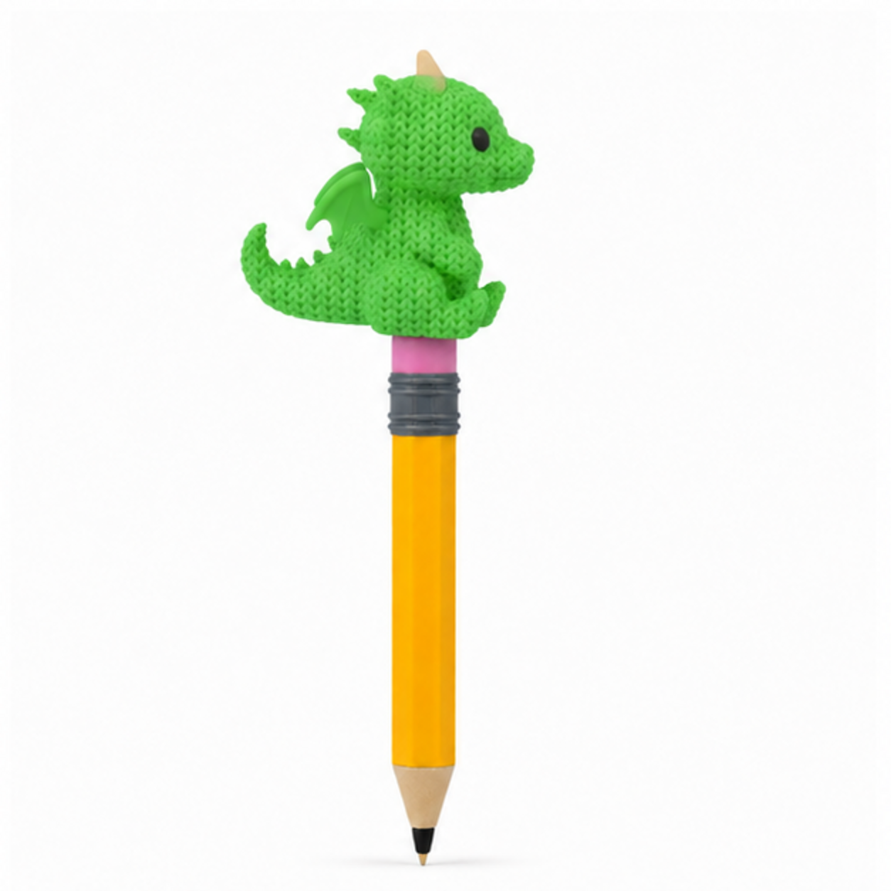 Knitted Dragon Topkinz character on jumbo pencil side view