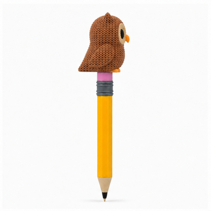 Knitted Owl Topkinz character on jumbo pencil side view