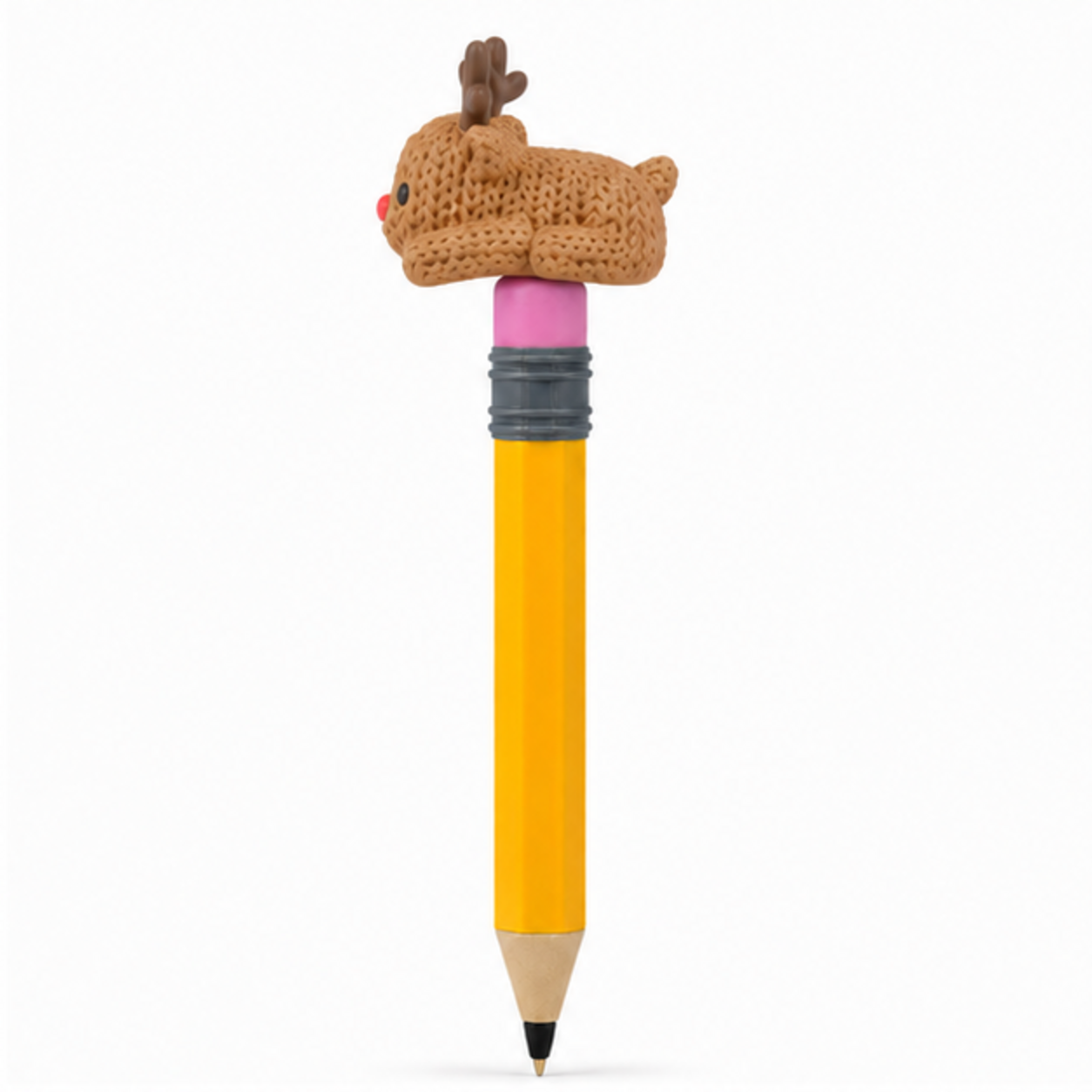 Knitted Flexi Reindeer Christmas Topkinz character on jumbo pencil side view