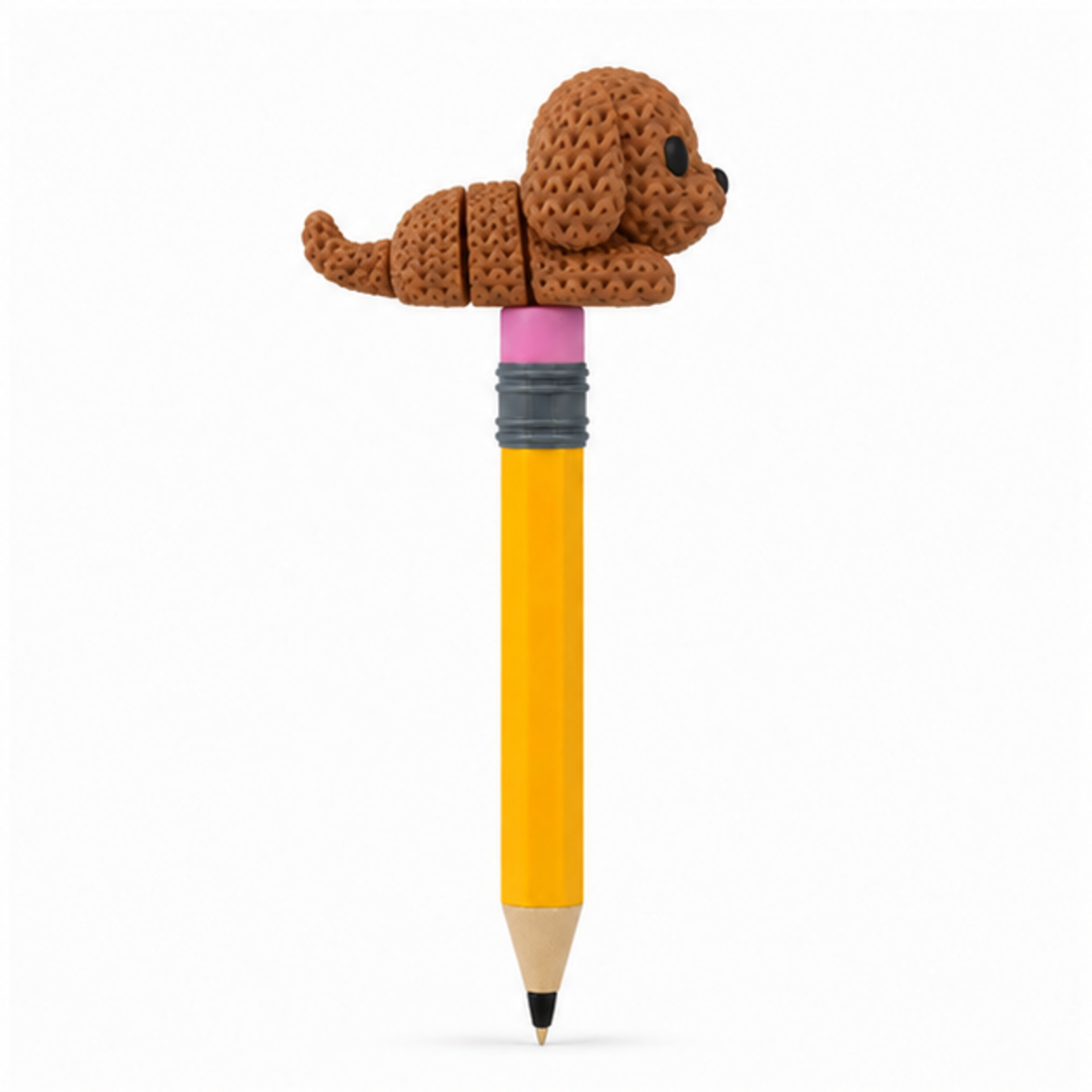 Knitted Articulated Dog Topkinz character on jumbo pencil side view