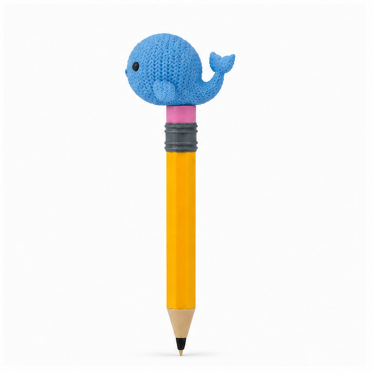 Knitted Whale Topkinz character on jumbo pencil side view