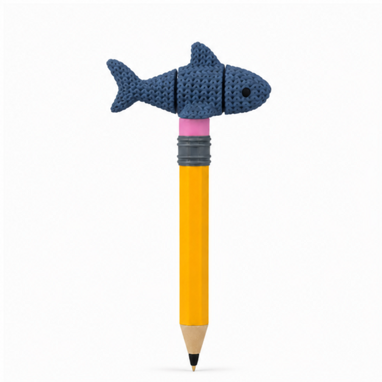 Knitted Articulated Shark Topkinz character on jumbo pencil side view