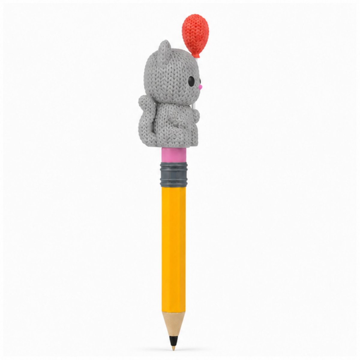 Knitted Cat With Heart Balloon - Valentine's Day Topkinz character on jumbo pencil side view