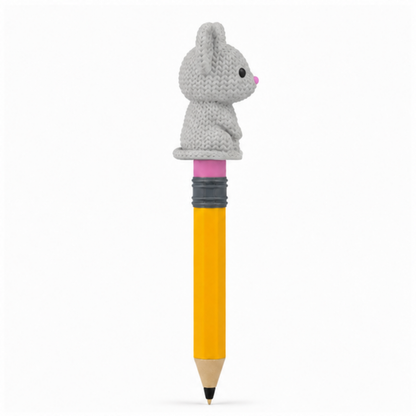 Knitted Mouse Topkinz character on jumbo pencil side view