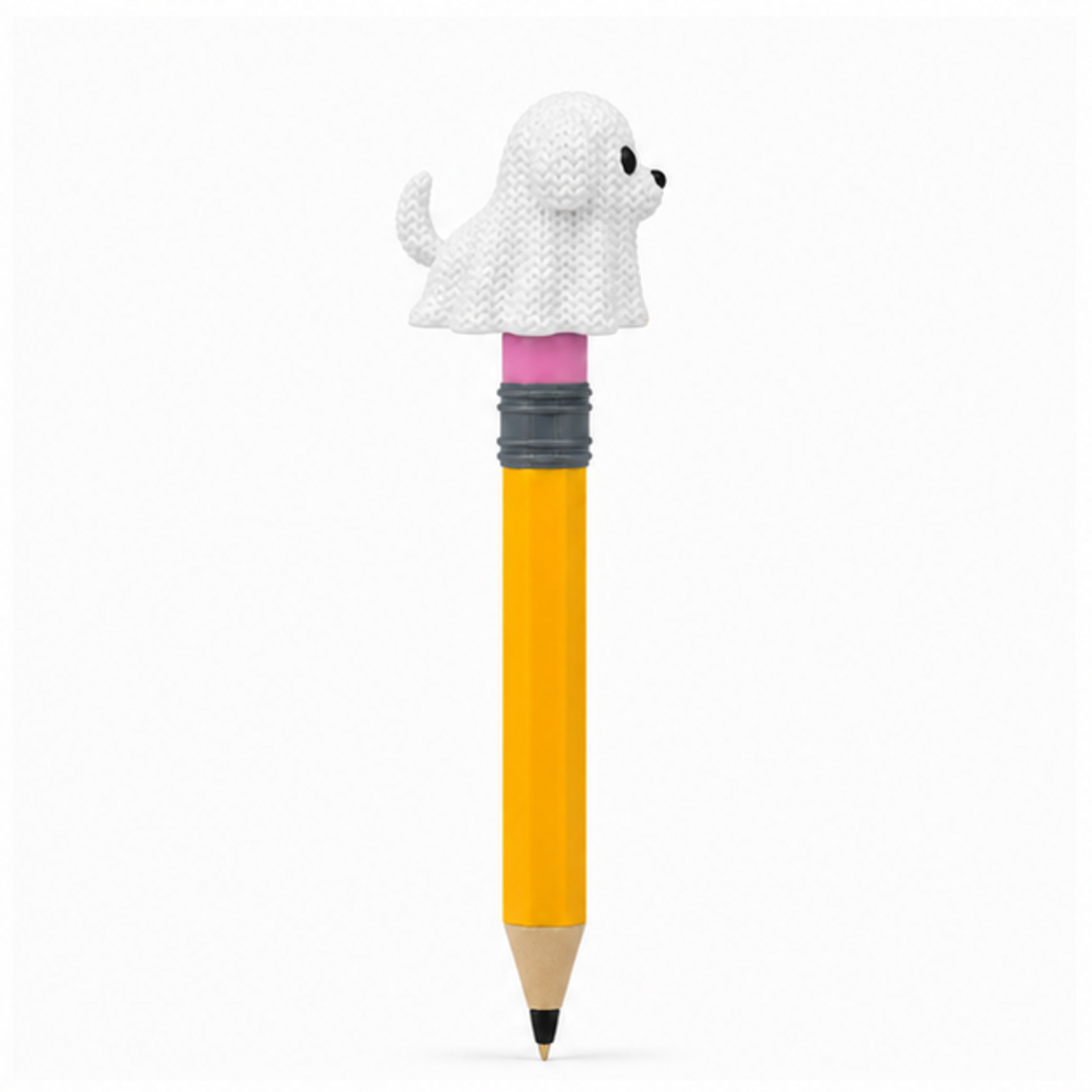 Knitted Halloween Dog Ghost Topkinz character on jumbo pencil side view