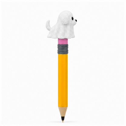 Knitted Halloween Dog Ghost Topkinz character on jumbo pencil side view