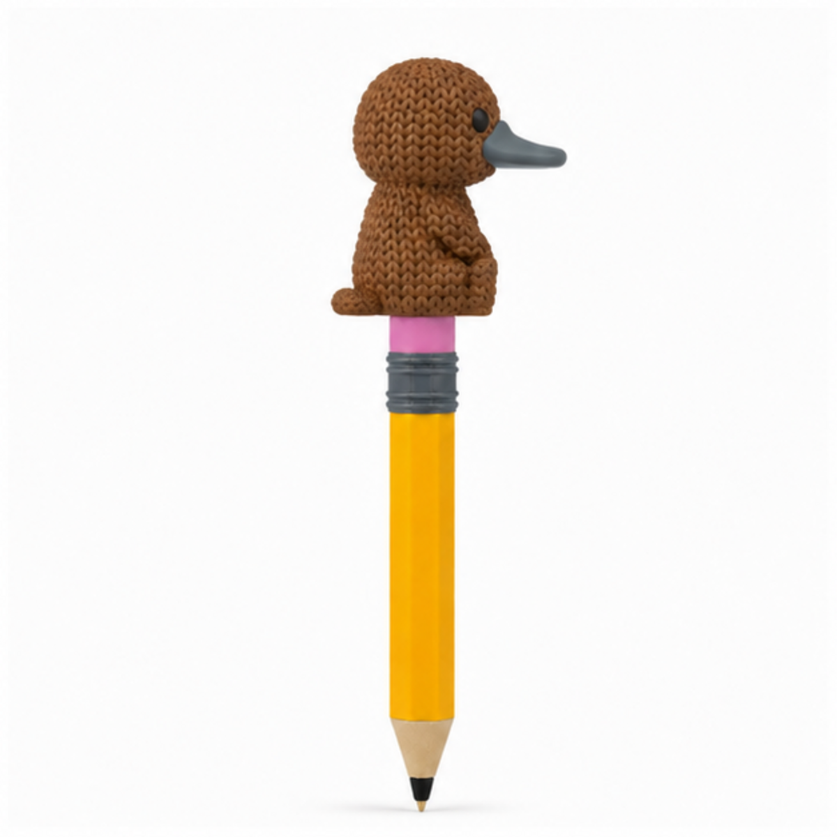 Knitted Platypus Topkinz character on jumbo pencil side view
