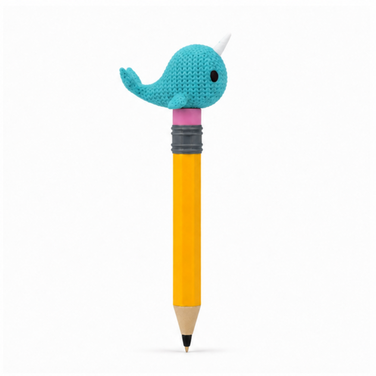 Knitted Narwhal Topkinz character on jumbo pencil side view
