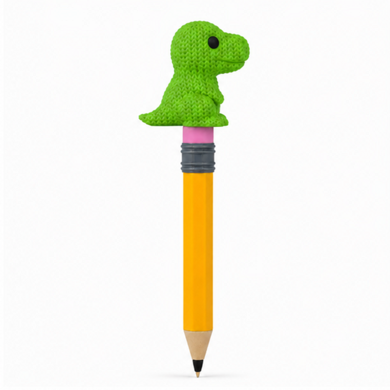 Knitted T-Rex Dinosaur Topkinz character on jumbo pencil side view