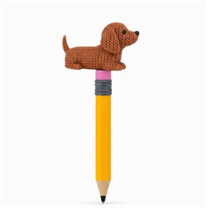 Knitted Dachshund Dog Topkinz character on jumbo pencil side view