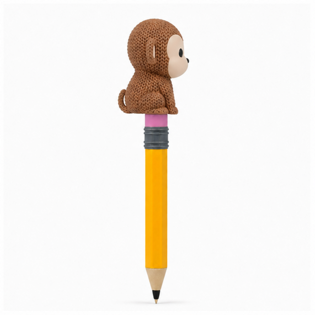 Knitted Monkey Topkinz character on jumbo pencil side view
