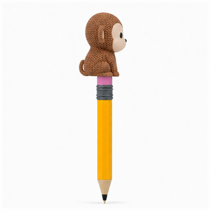 Knitted Monkey Topkinz character on jumbo pencil side view
