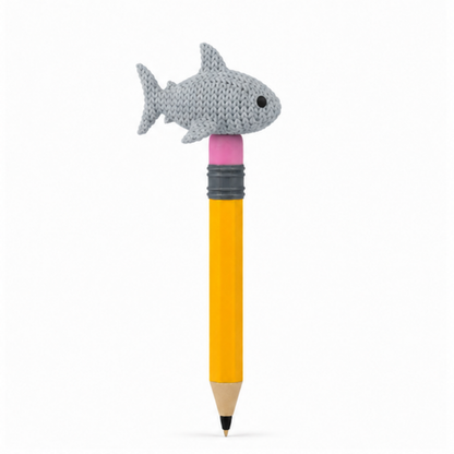 Knitted Shark Topkinz character on jumbo pencil side view