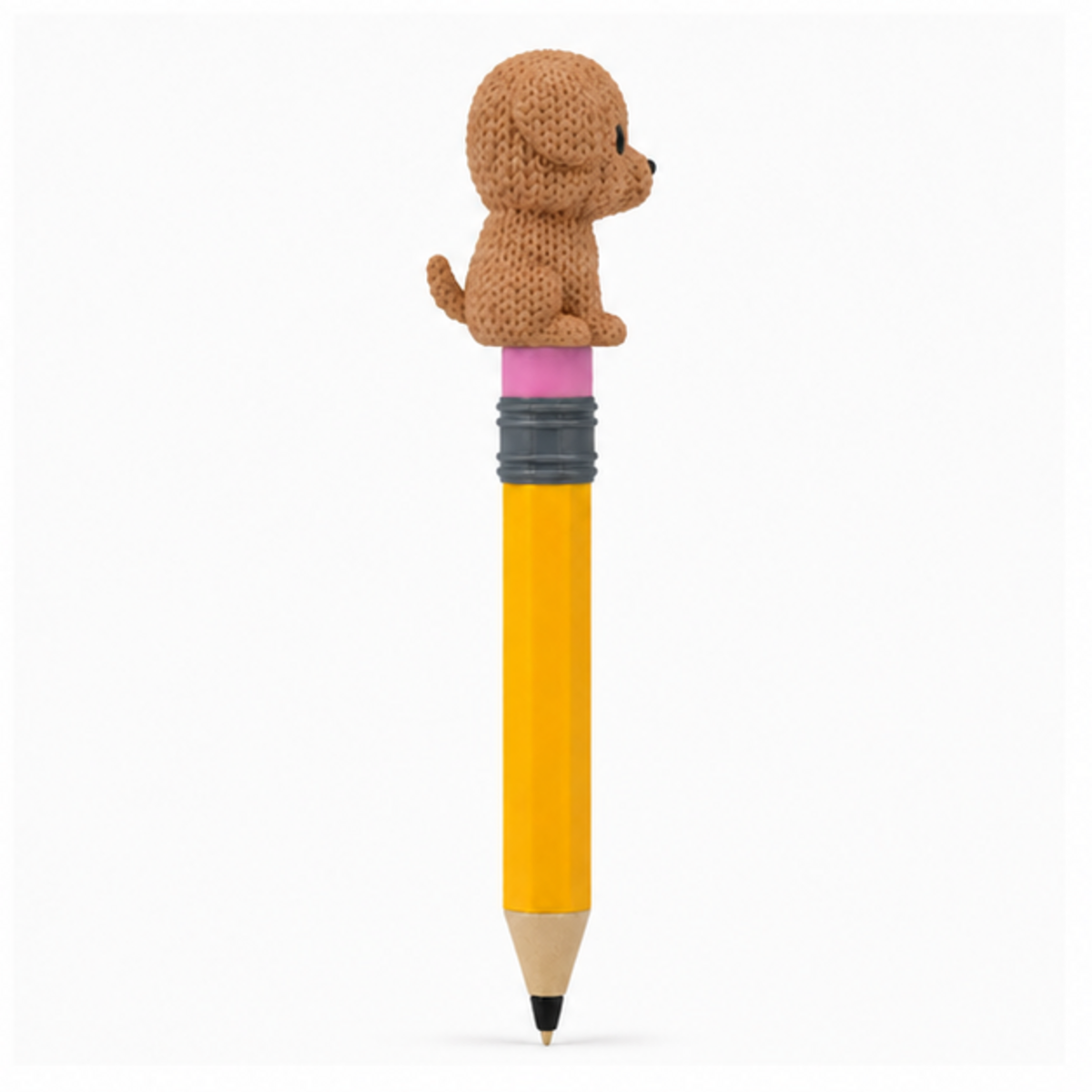 Knitted Dog Topkinz character on jumbo pencil side view