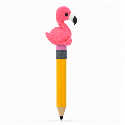 Knitted Flamingo Topkinz character on jumbo pencil side view