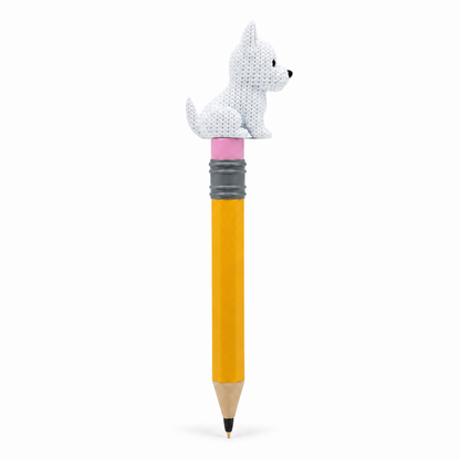 Knitted Westie Dog Topkinz character on jumbo pencil side view
