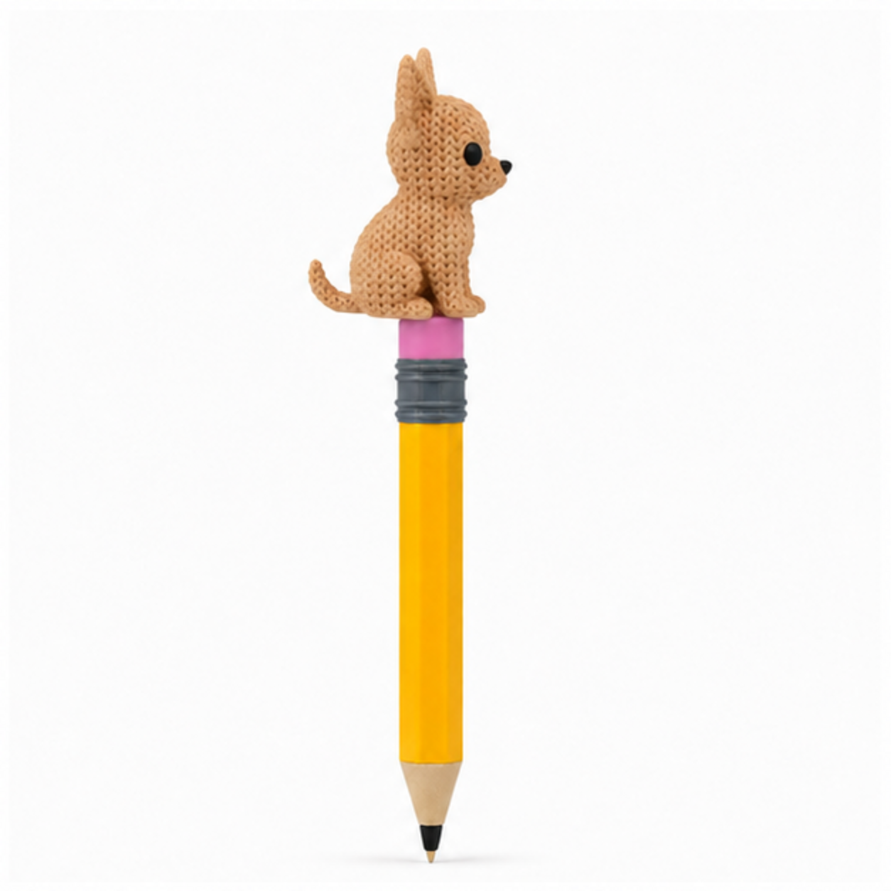 Knitted Chihuahua Dog Topkinz character on jumbo pencil side view